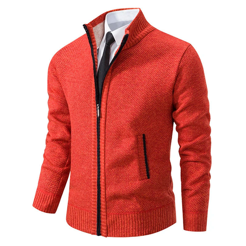 Autumn and Winter New Jersey Men'S Casual Sports Coat Solid Color Stand Collar Wweater Grab Fleece Warm Zipper Cardigan